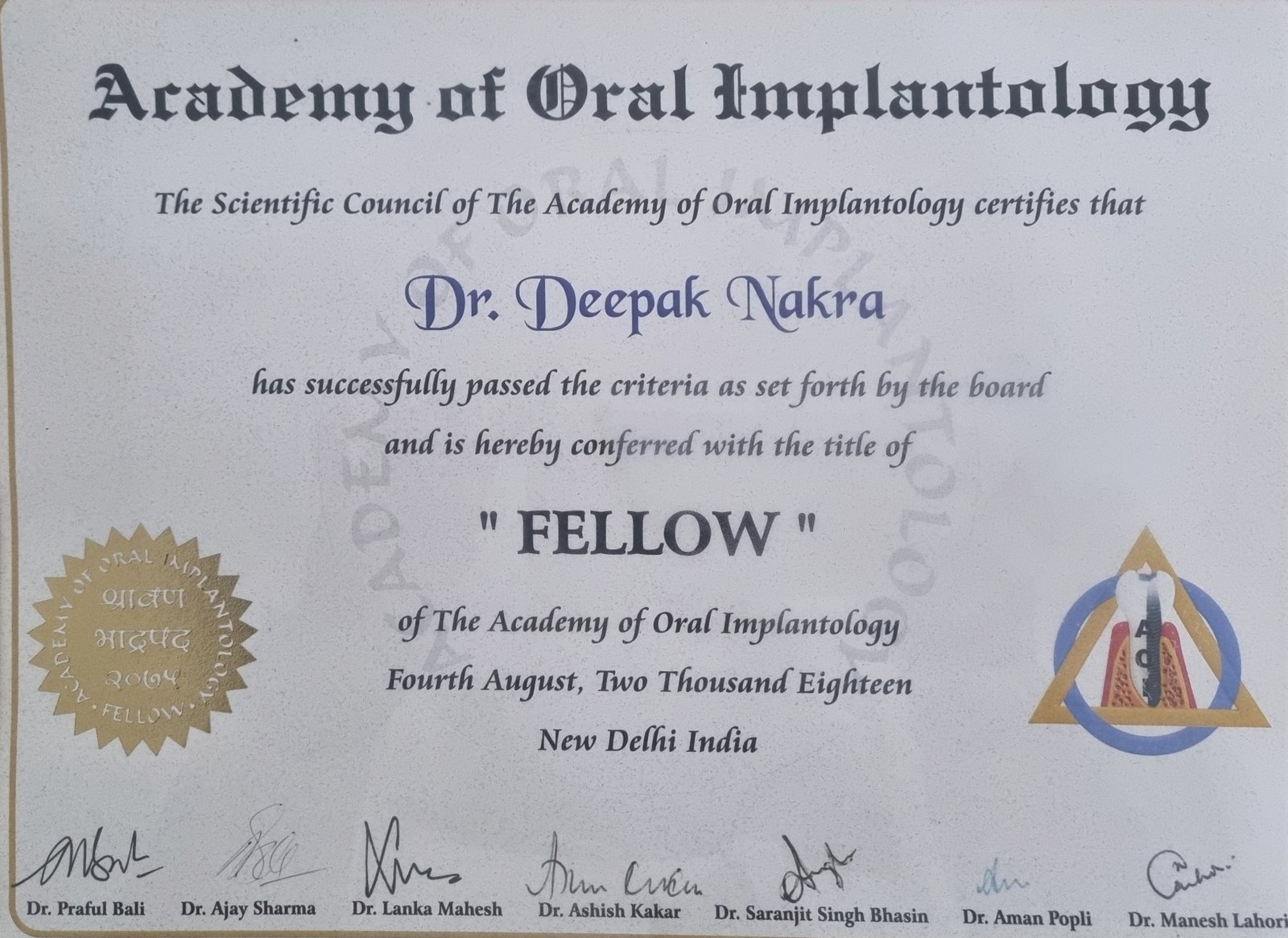 Dr. Deepak Nakra Certificate 2