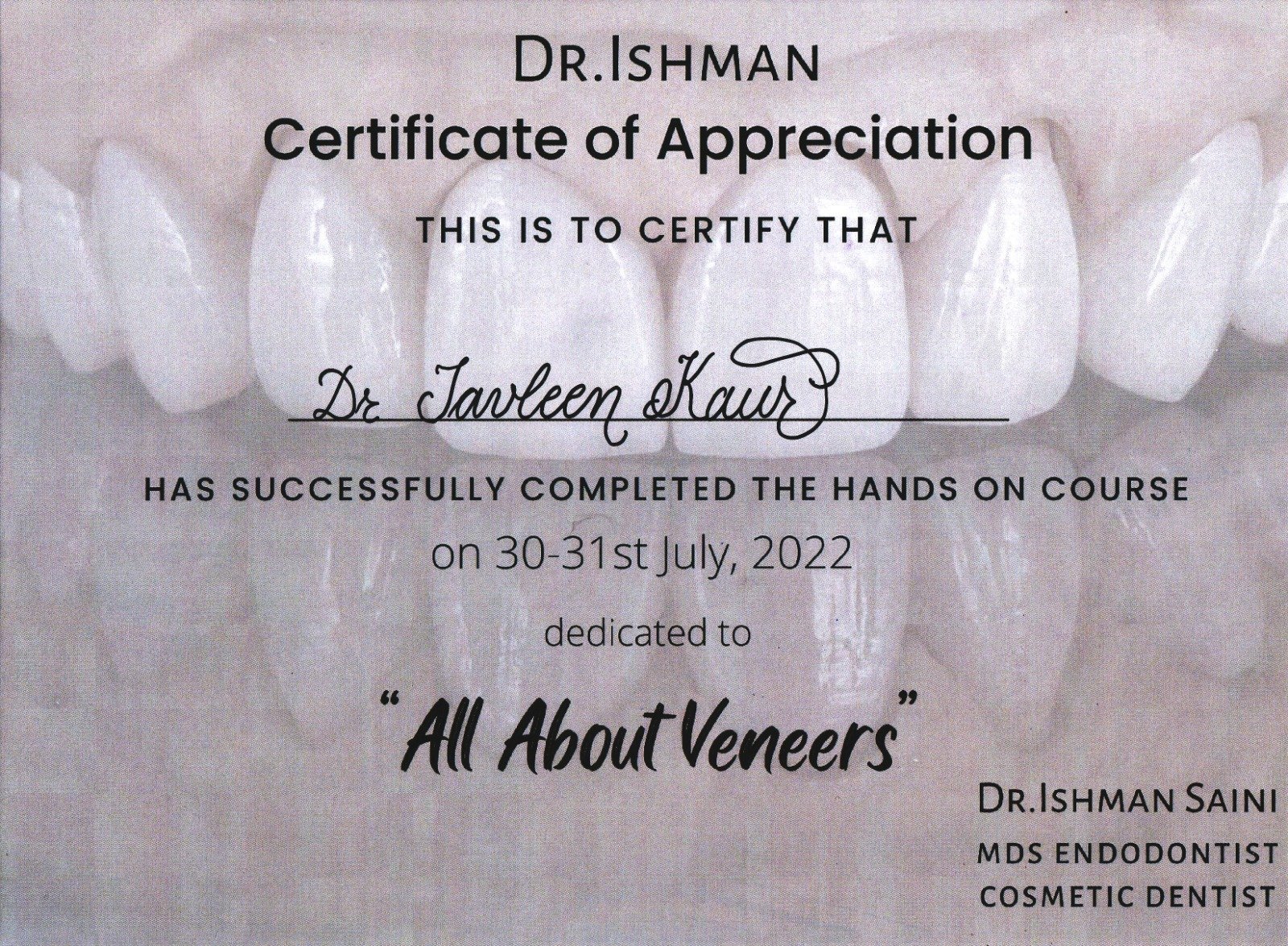 Dr. Tavleen Kaur Certificate 2