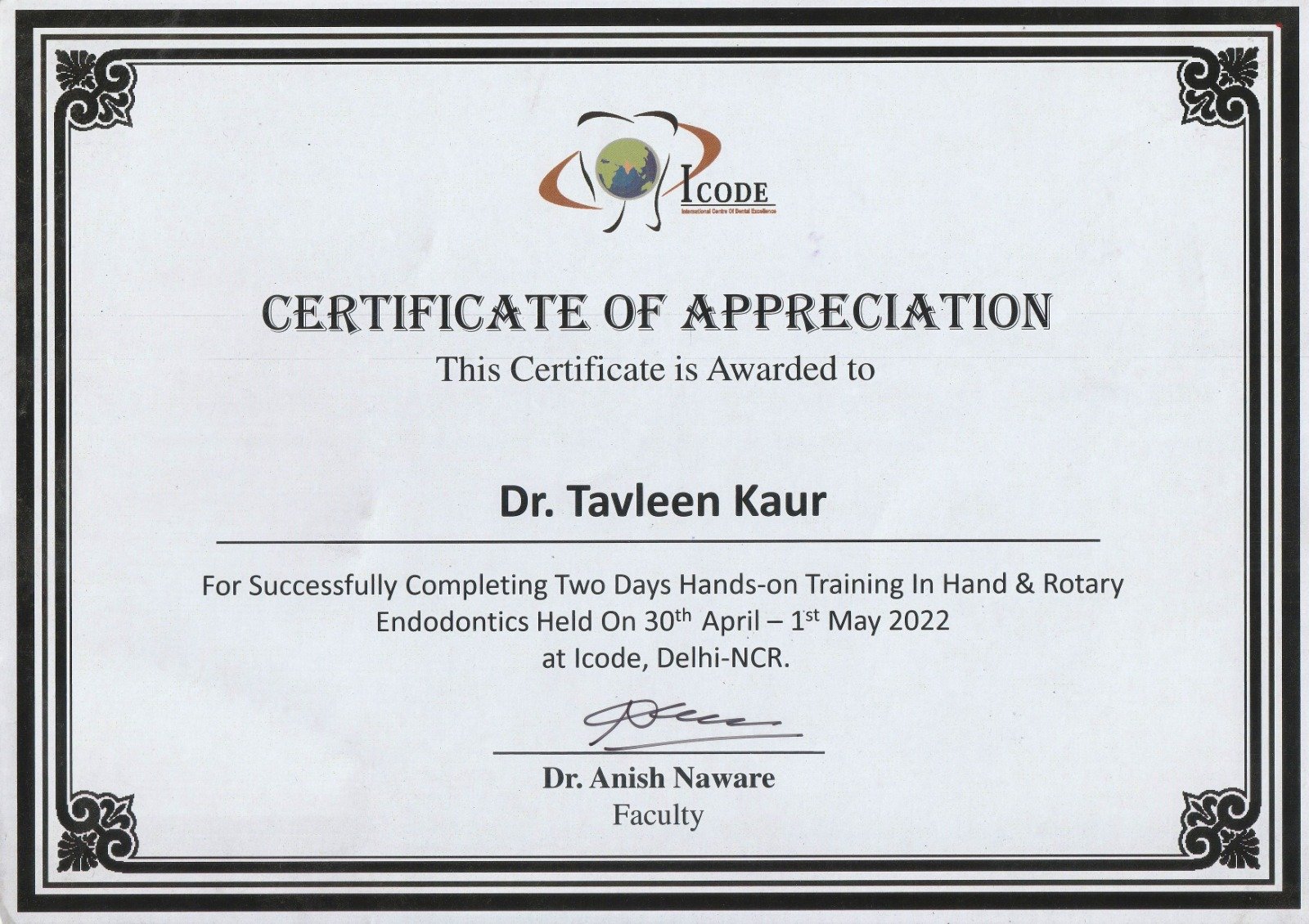 Dr. Tavleen Kaur Certificate 3